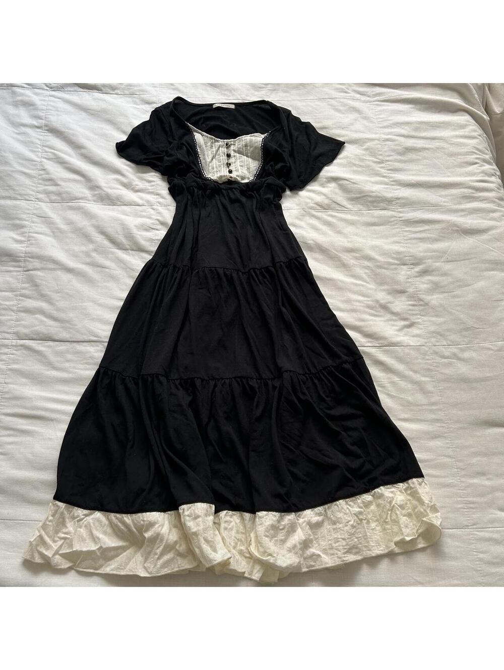 Axes Femme Black Cream Tiered Ruffle Pintuck Maxi Dress M Japan EGL